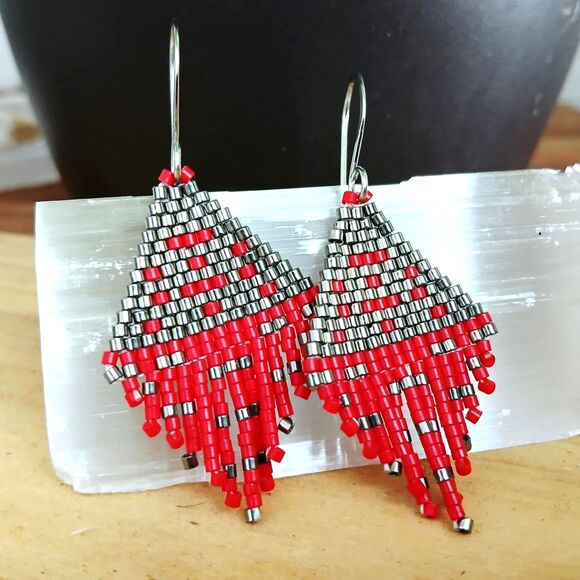 Boho Chic Beaded Fringe Dangle Earrings, Red & Grey Seed Bead Jewelry, 2" - Picture 5 of 8